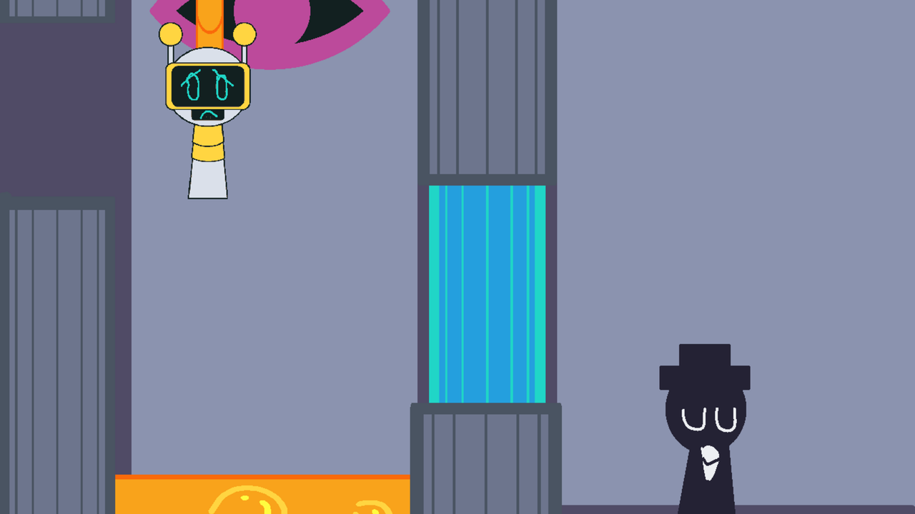 Funbot hanging from a rope above a lava pit while a giant pink eye and a top-hatted Sprunki watch
