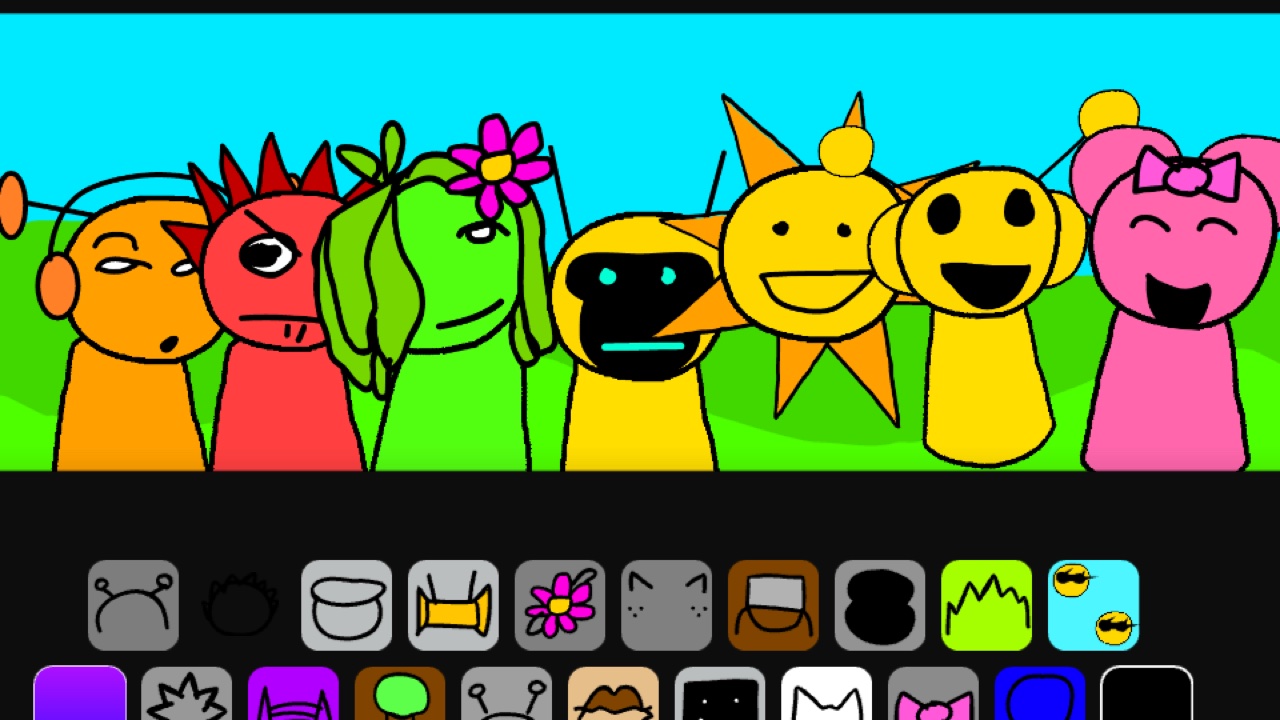 Sprunked stage with hand-drawn Oren, Raddy, Vineria, Fun Bot, Mr Sun, Simon and Pinki against a cyan sky