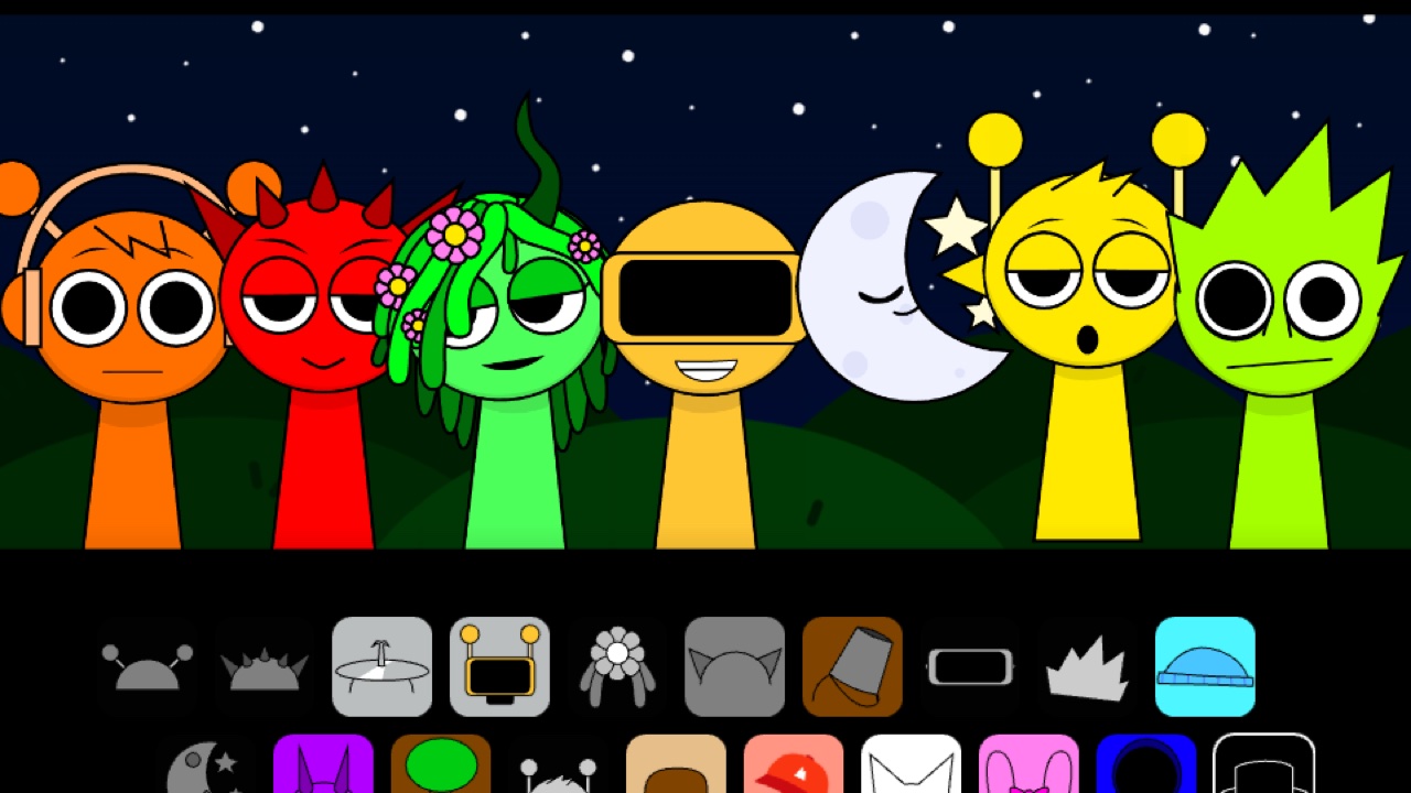 Sprunki 2 Archive night stage with Oren, Raddy, Vineria, Fun Bot, a crescent moon, Simon and OWAKCX under a starry sky
