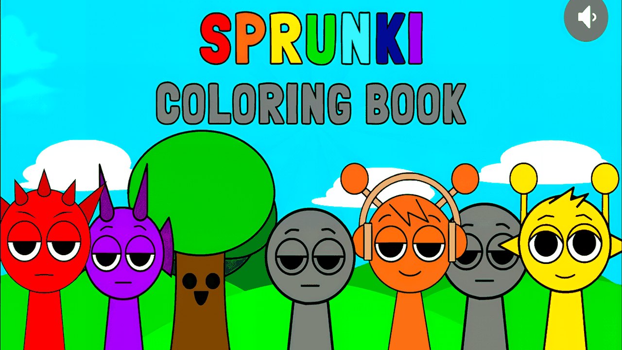 Sprunki Coloring Book title screen with Raddy, Durple, Mr. Tree, Clukr, Oren, Gray and Simon on a green field