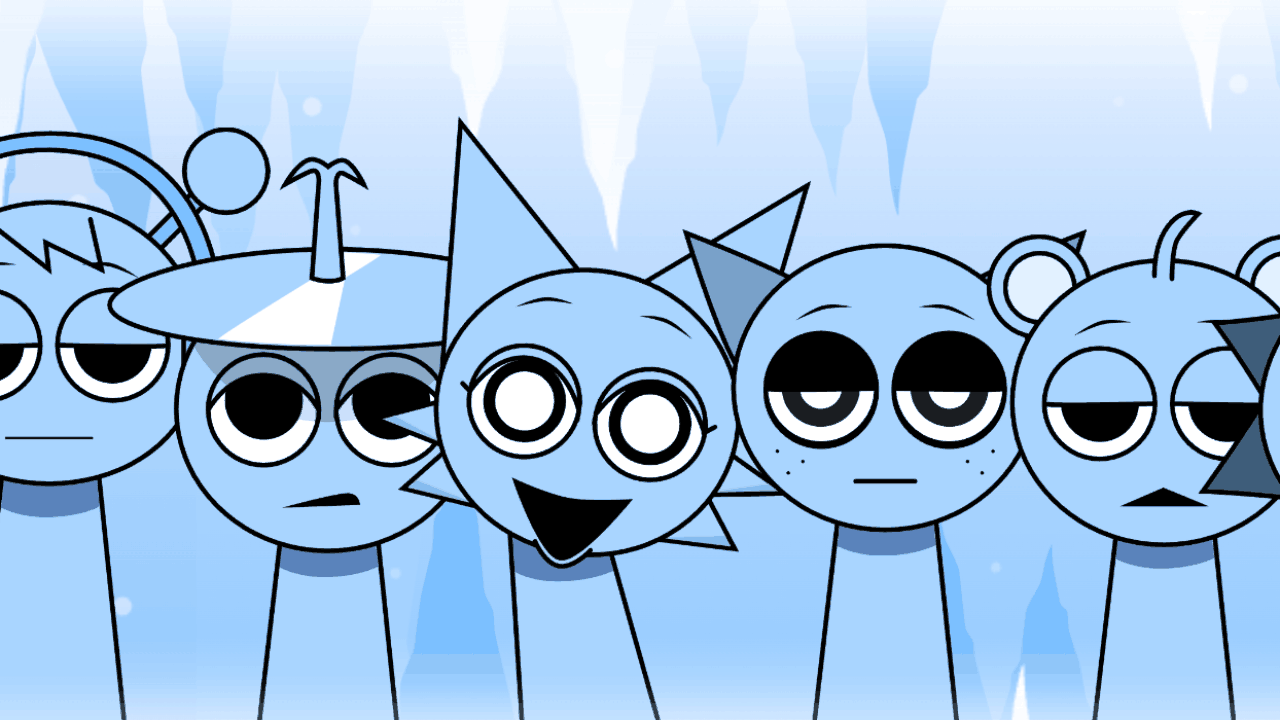 The Sprunki cast redrawn in ice blue under hanging icicles in Cool As Ice