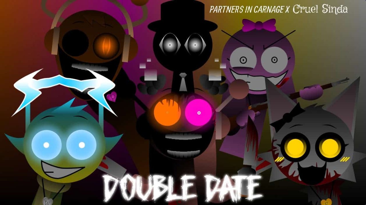 Key art for Sprunki Double Date showing bloodied Partners in Carnage and Cruel Sinda characters