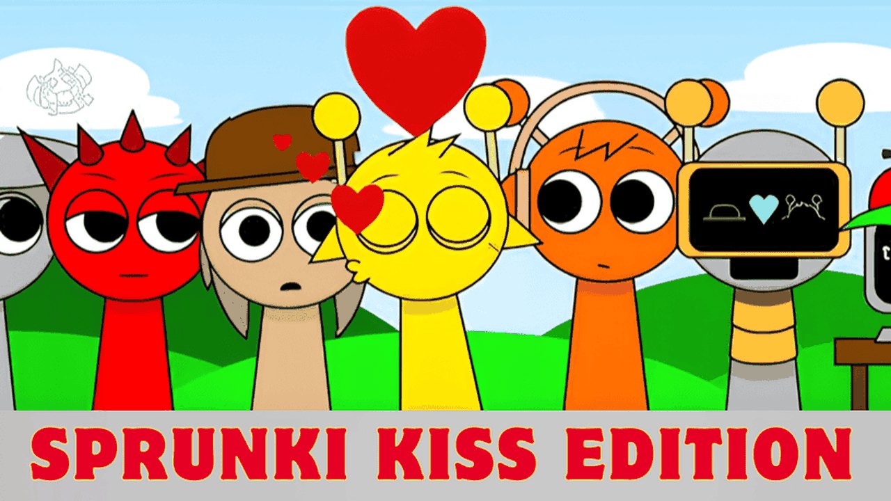 Sprunki Kiss Edition art with Simon puckering up next to a blushing Tunner
