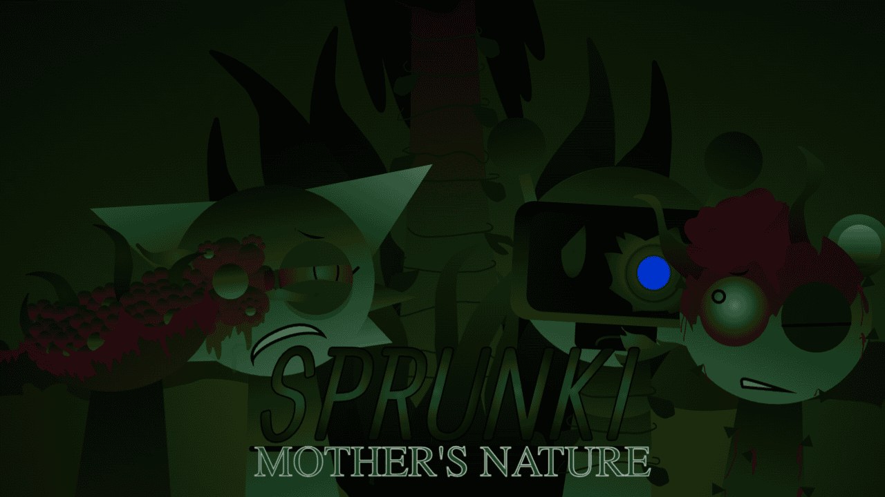 Key art for Sprunki Mother's Nature showing overgrown, plant-covered Sprunki characters in dark green