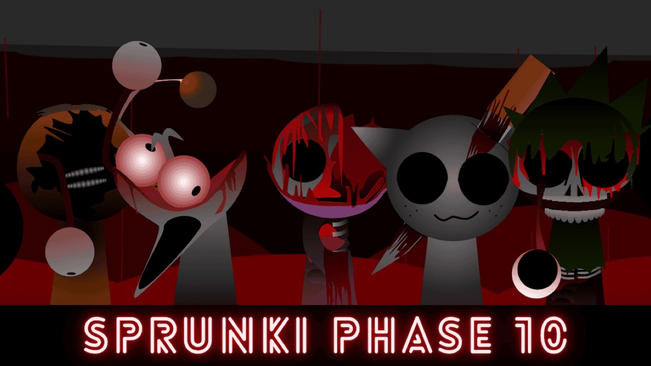 Sprunki Phase 10 key art with Clukr's single eye, Wenda's skull, OWAKCX and the title in red neon