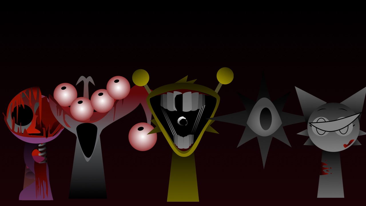 Sprunki Phase 11 characters on a dark red stage: Pinki, Clukr with a cluster of eyes, Simon with an open mouth, the black sun and Wenda