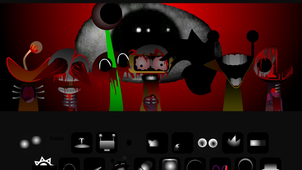 Sprunki Phase 6 horror stage: bloodied characters in front of a giant grey eye on a red background