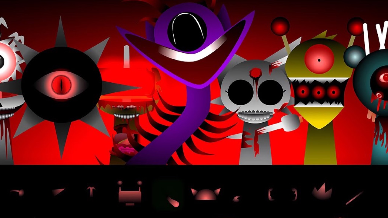 Sprunki Phase 9 key art: the mutilated cast in red light, including the black sun, purple Durple and skull-faced Pinki