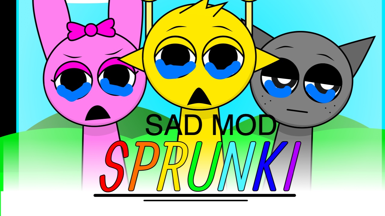 Sad Mod Sprunki title card with a teary Pinki, Simon and Gray on a green meadow