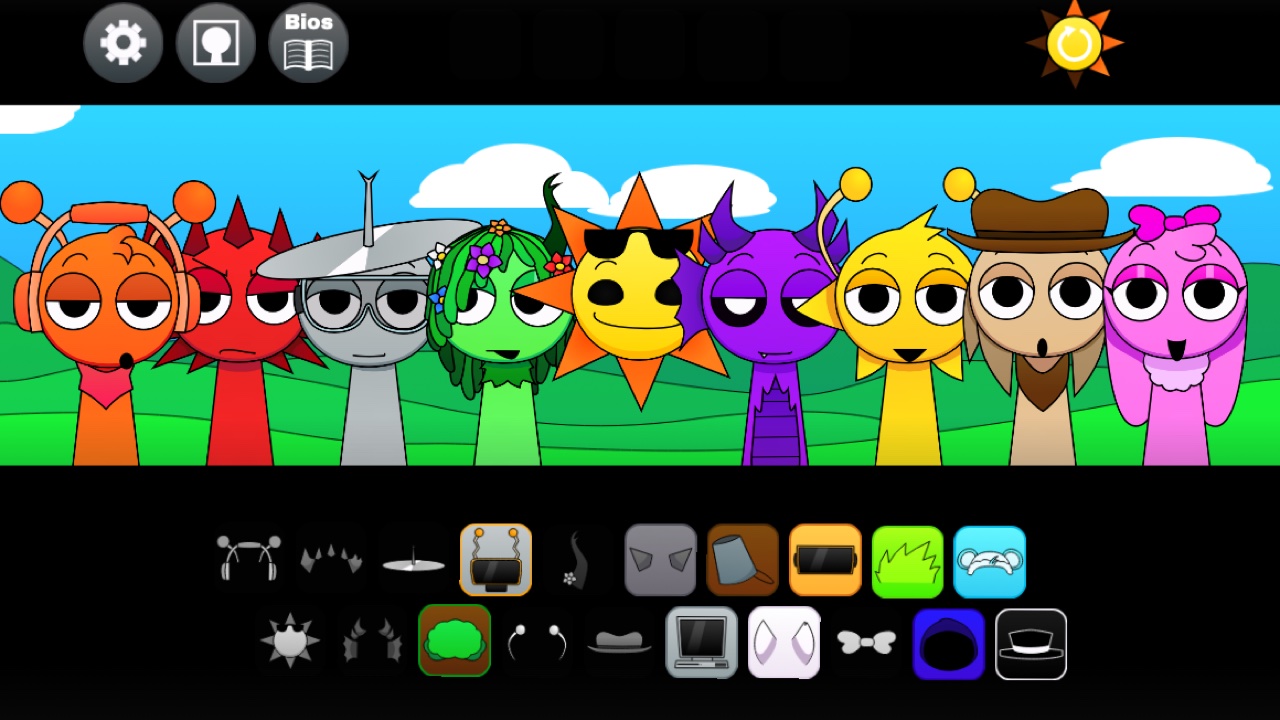 Sprunki The Sun's Domain stage with nine redrawn characters, including Mr Sun in sunglasses, under a bright blue sky