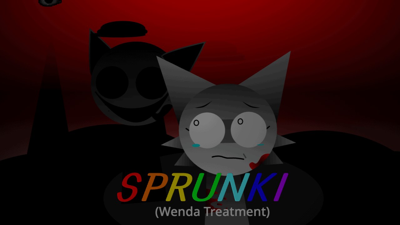 Title card for Sprunki Wenda Treatment showing a crying Wenda-faced character with Black looming behind